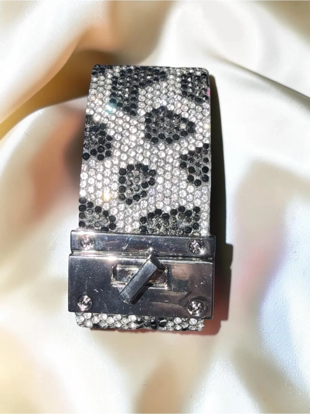 Black & Silver Rhinestone Leopard Print Wide Bracelet